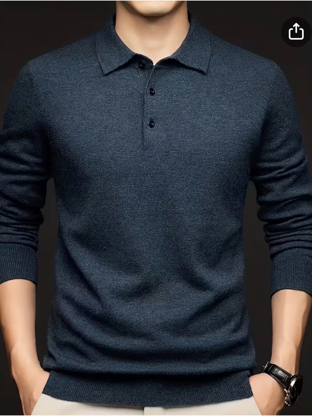 Men's Navy Polo Knit Sweater Long Sleeve Wool Lightweight Collared Size Mediun